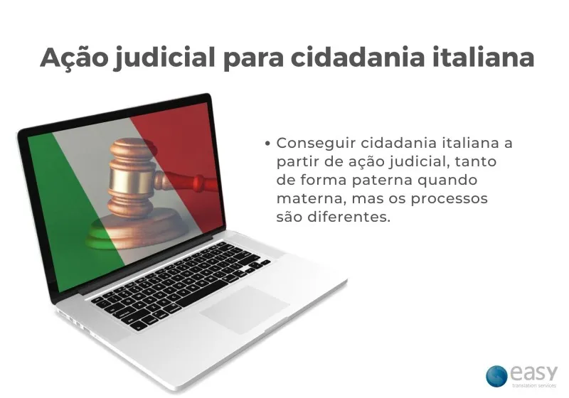 Notebook em fundo branco e texto explicativo sobre ação judicial para cidadania italiana.