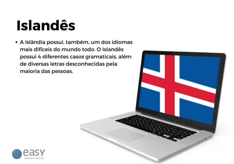 Notebook com wallpaper da bandeira do Islândia ao lado de um texto explicativo sobre a língua do país.