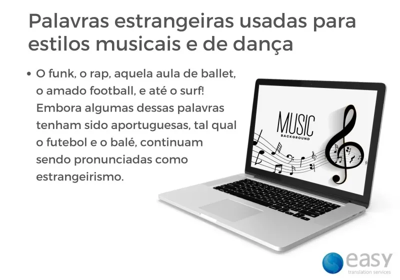 Imagem com fundo branco trazendo Palavras estrangeiras usadas na música, dança e esportes