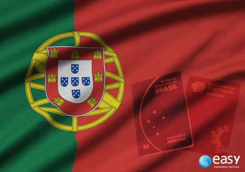 Bandeira de Portugal com passaportes, um brasileiro e outro português.