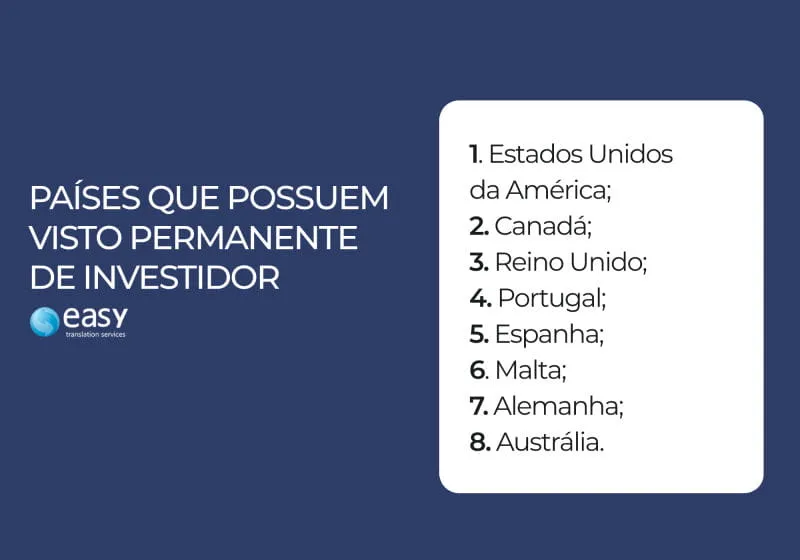 lista de paises que possuem visto permanente de investidor