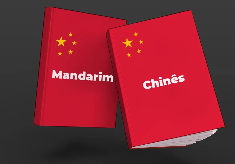 Imagem com dois livros na cor vermelha e com as palavras mandarim e chinês nessa ordem da esquerda para direita