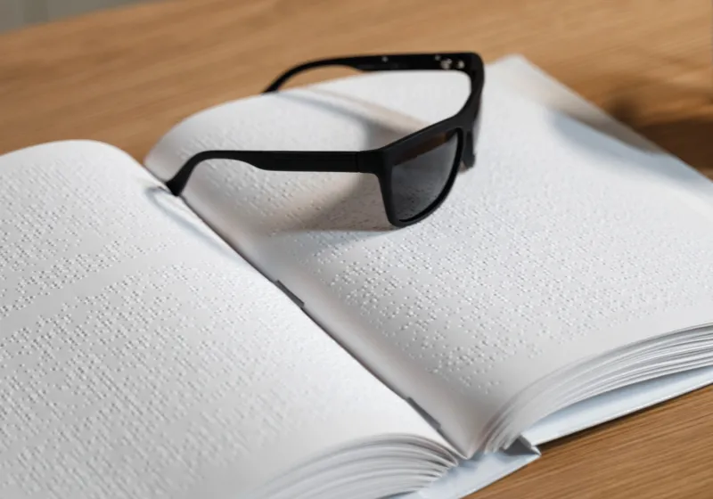 Sobre uma mesa tem um livro com escrita em braile e sobre ele tem um óculos de sol.