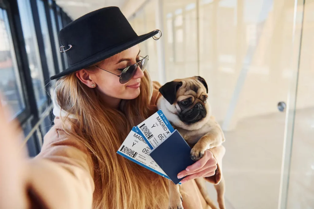 tradução de documentos para viajar com pets, imagem de cachorro pug com sua tutora no aeroporto 