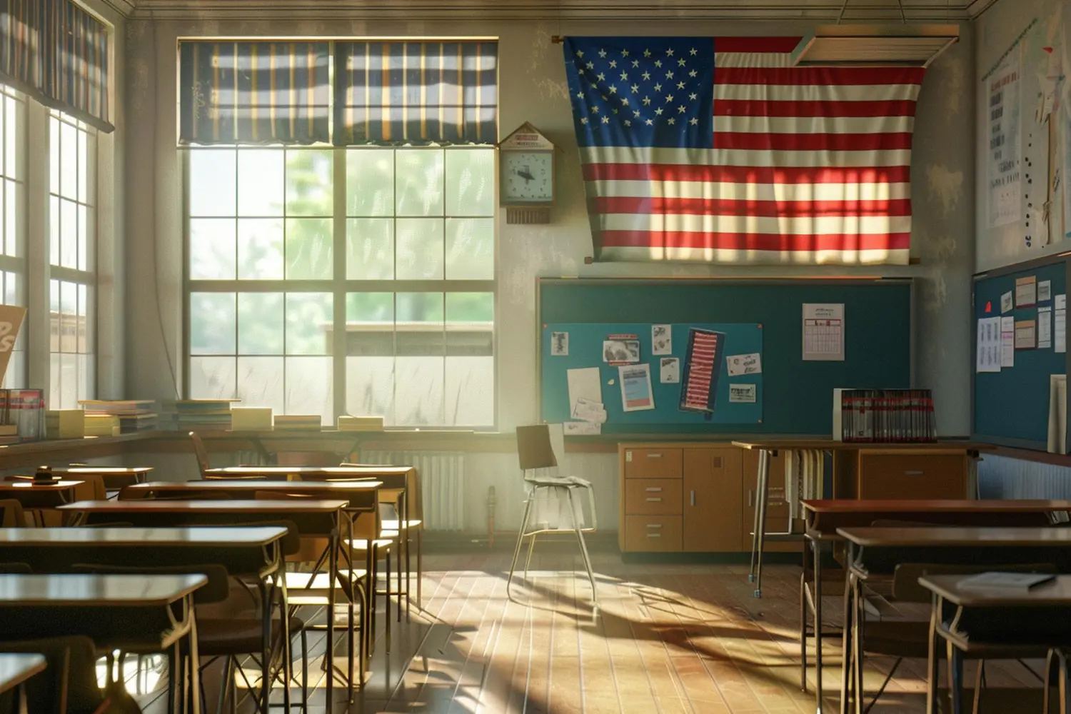 Sala de aula com bandeira dos Estados Unidos representando o teste de proficiência em inglês