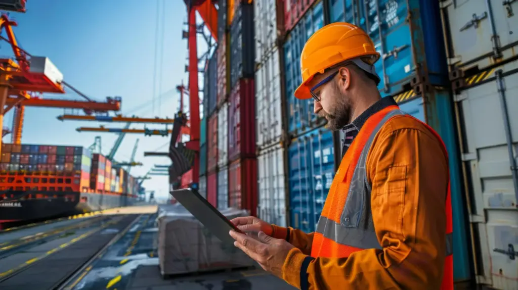 Profissional portuário inspecionando contêineres e navios em porto estrangeiro