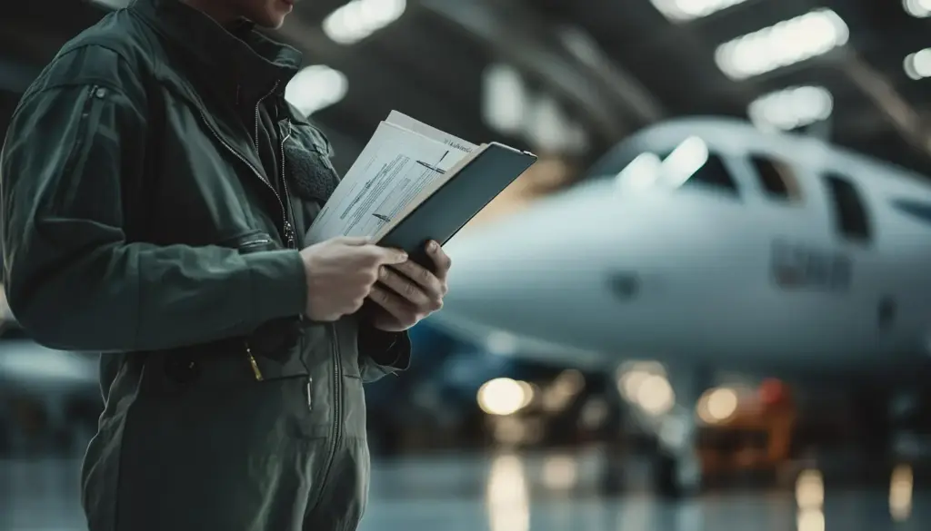 Piloto segurando tradução de licença aeronáutica ao lado de aeronave