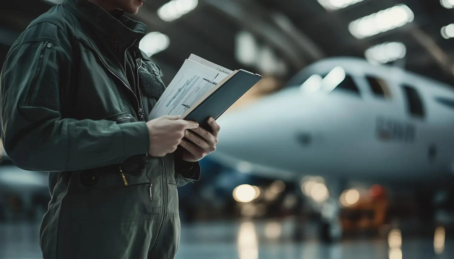 Piloto segurando tradução de licença aeronáutica ao lado de aeronave
