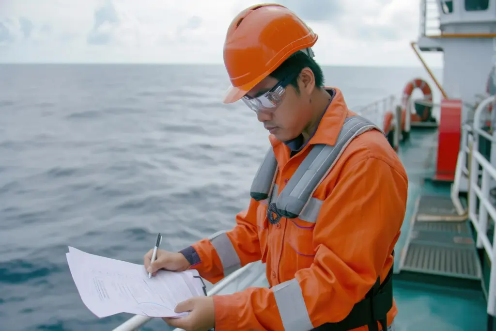Profissional do setor offshore preenchendo relatório técnico a bordo de embarcação