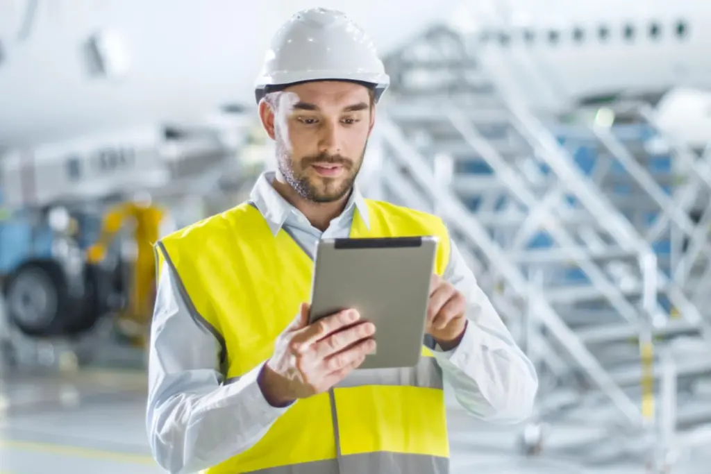 Engenheiro analisa documentação aeronáutica em hangar para tradução técnica especializada