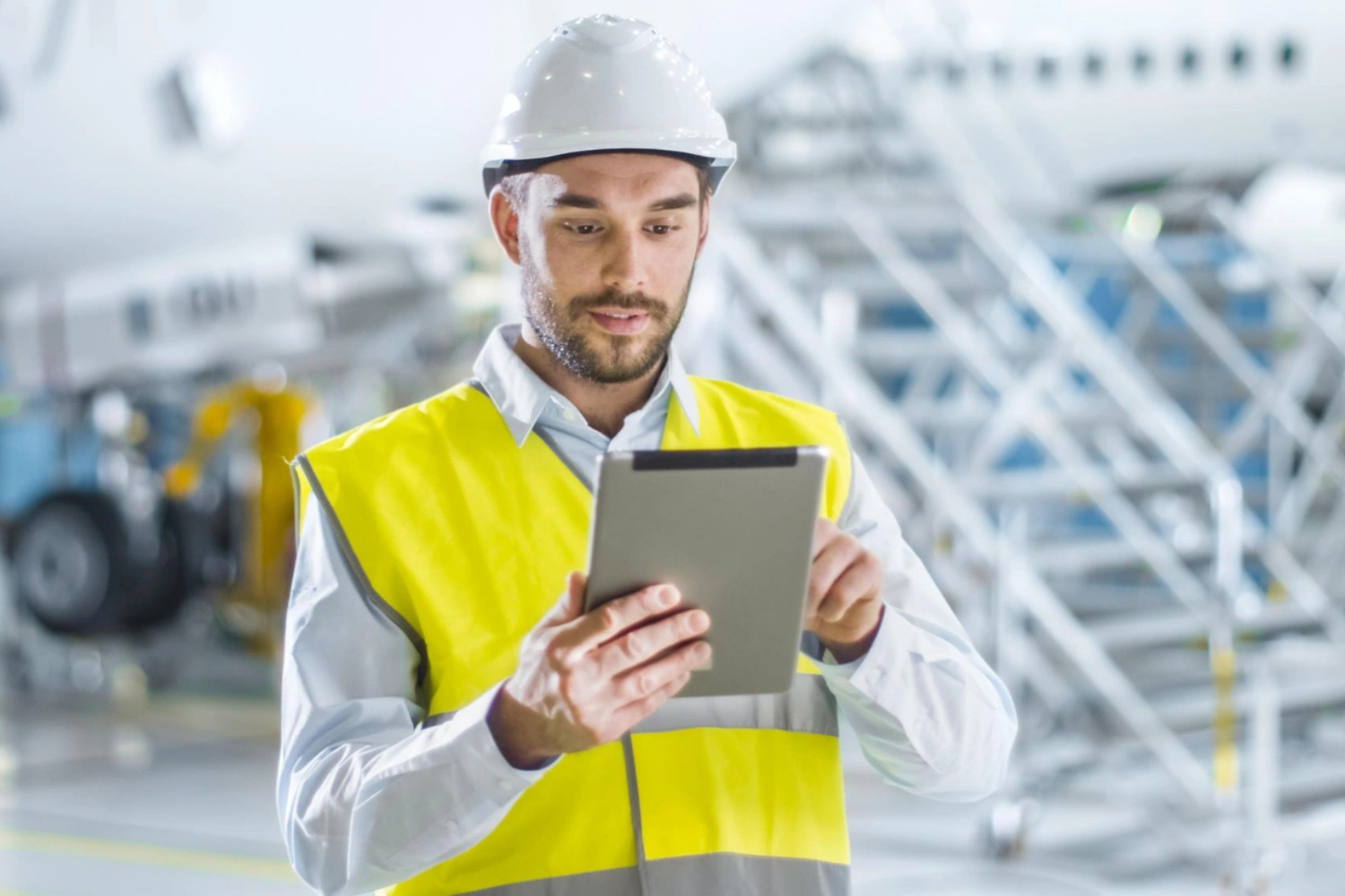Engenheiro analisa documentação aeronáutica em hangar para tradução técnica especializada