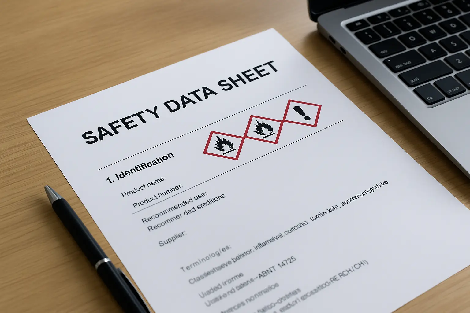 Documento de Safety Data Sheet (SDS) sobre a mesa, representando o cuidado técnico na tradução FISPQ