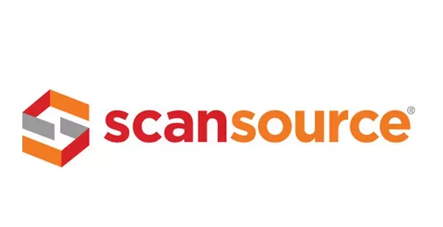 Logo ScanSource com fundo brando e letras na cor vermelha e amarela.