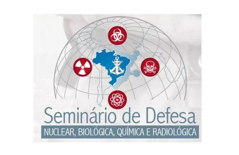 Logo do seminário de defesa nuclear, biológica, química e radioecológica,, nas cores vermelho, azul e cinza