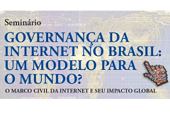 Logo seminário Governança da Internet no Brasil com um fundo em marca d'água com desenho de um mapa e letras na cor azul